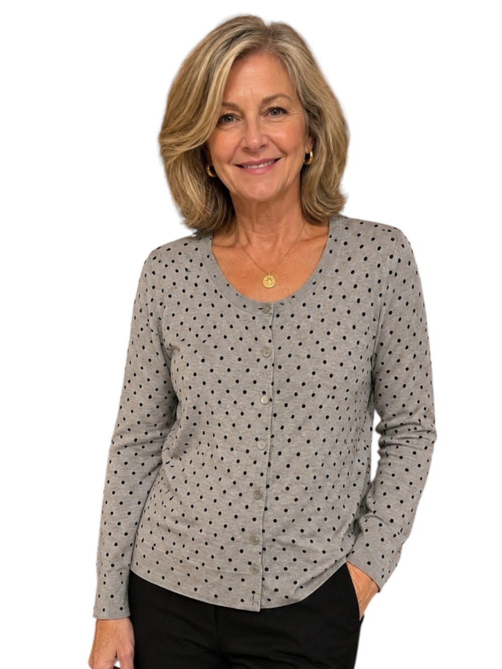Talbots Gray Polka Dot Cardigan Sweater XL Petite Merino Wool Button Front 
V